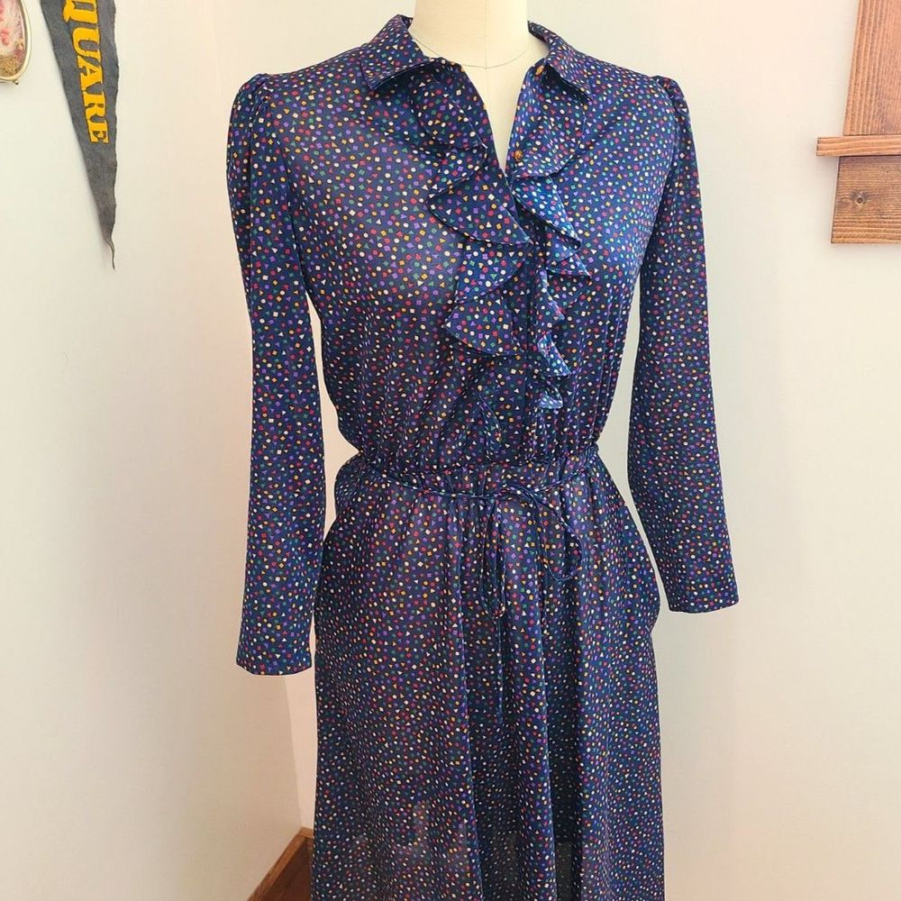 Vintage JC Penney Fashions Geometric Dress Ruffles Navy Blue Women's 7/8